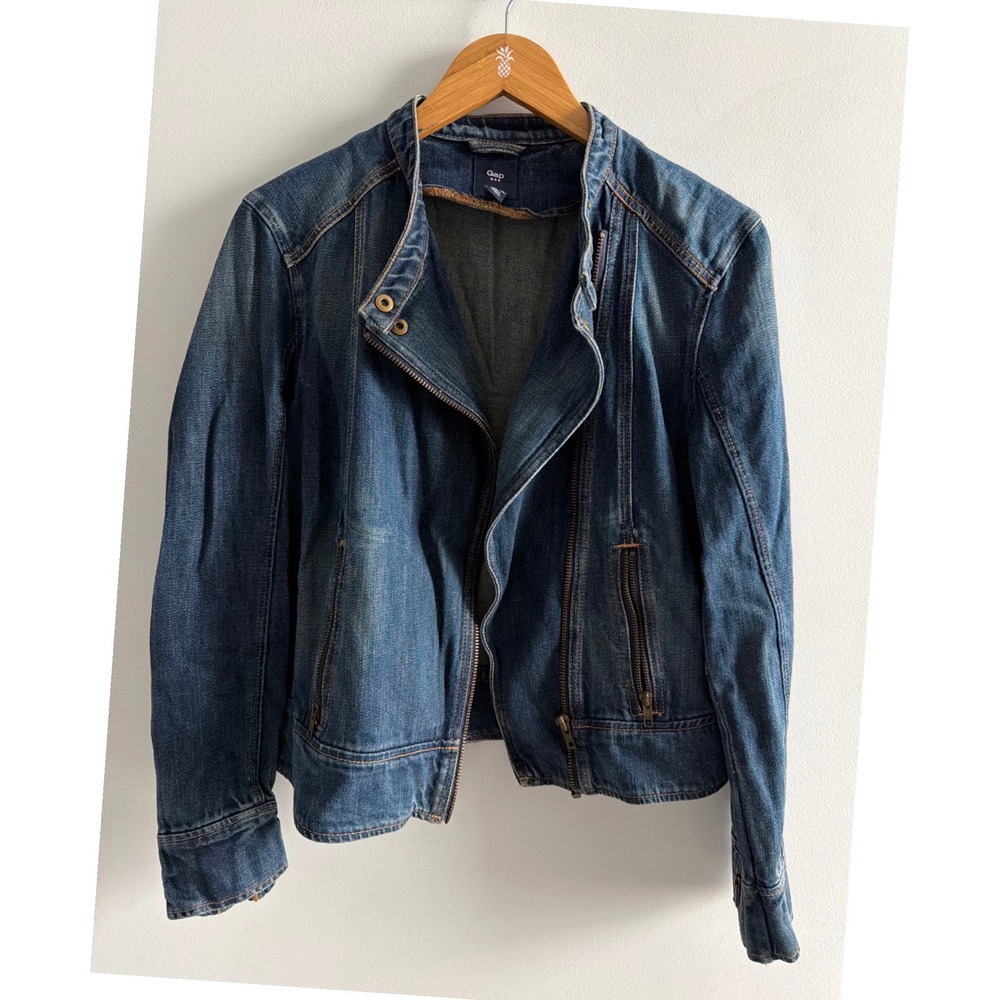 Gap 1969 Womens Denim Biker Jacket Blue Indigo Moto Asymmetrical Zip Large